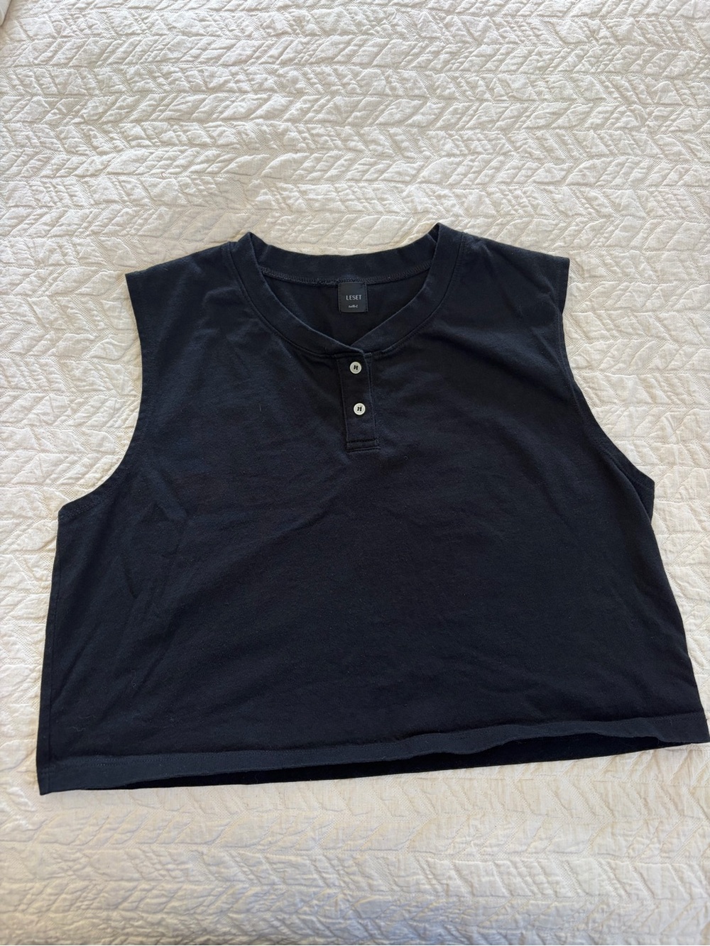 LESET Black Sleeveless Henley Crop Tank